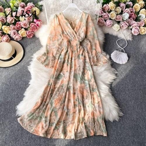 Retro Women Chiffon Dress Spring Autumn Long Sleeve Floral Printing Elegant Dresses Ladies V Neck Backless Bandage Midi Dress