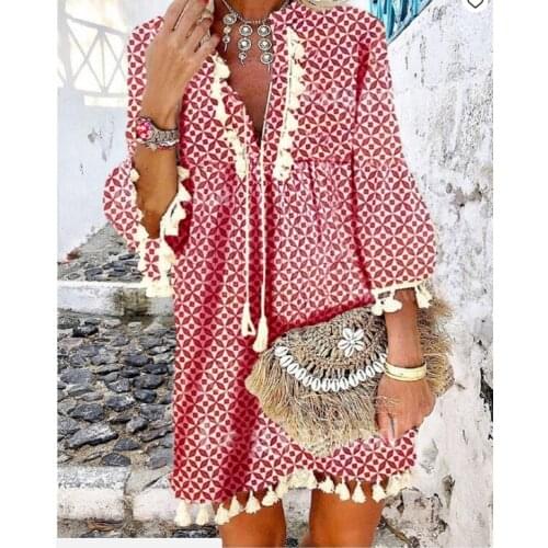 2021 Spring Vintage V Neck Tassel Party Dress Women Elegant Floral Print 3/4 Sleeve Mini Dress Ladies Summer Casual Beach Dress