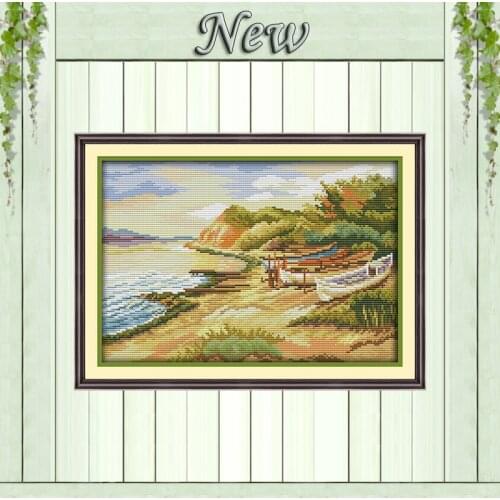 Seaside scenery boat decor painting counted printed on canvas DMC 11CT 14CT kits chinese Cross Stitch embroidery needlework Sets