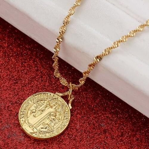 Gold Color Catholic Saint Benedict Round Medal Pendant Necklaces Catholicism Jewelry Gifts
