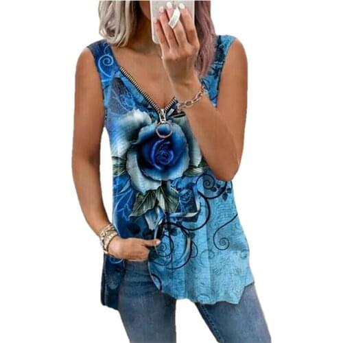 2021 Summer V-neck Zipper Rose Printing Sleeveless Tops Women Casual Loose Tank Top Ladies T-shirt Plus Size Sexy Vest Top