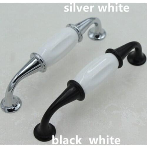 96mm Black white Kitchen Cabinet Pulls White Ceramic Dresser Handle Silver white Drawer Wardrobe Handle Pulls Knobs chrome pull