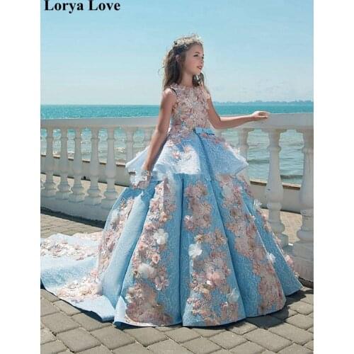 Ball Gown Blue Flower Girl Dresses For Weddings 2020 With Bow Sleeveless Ruffles First Communion Dress Princess Pageant Gowns
