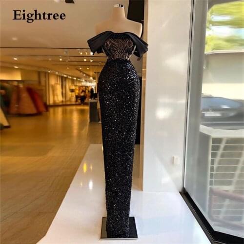 Eightree Black Glitter Off Shoulder Evening Dress Sleeveless Sparkly Sequines Long Mermaid Prom Flormal Party Gowns Dresses