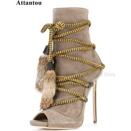 Fashion Flock Cross-tied Thin High Heel Sandals Woman Colorblock Elegant Rabbit Fur Tassel Open Toe Office Short Boots