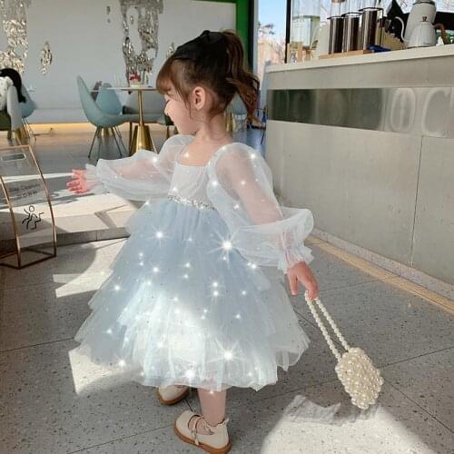 Baby Girl Glittering Bling Bling Sequins White Gauze Dress Children Summer Party Evening Puffy Tutu Princess Dresses