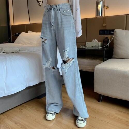 Kpop Korean Celebrity same new Fashion broken holes slim high waist jeans women summer streetwear loose wild Wide leg jeans
