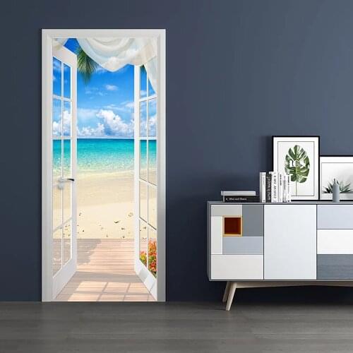 Beach Hut With Sea View DIY Door Wall Stickers Home Decor Living Room Bedroom Porch Art Mural Peel & Stick Waterpoof Wall Poster