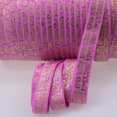 Metallic Gold Damask fold over elastic ribbon, custom print 5/8" FOE Ribbon, Hair Ties,50yards/roll,91 colors available