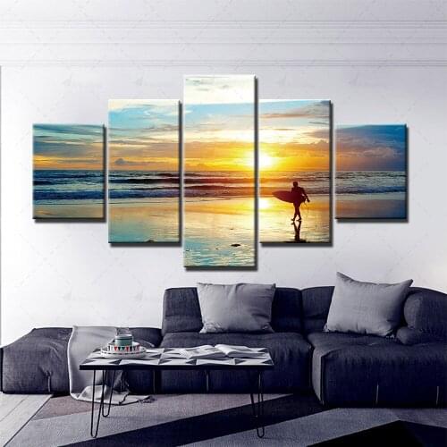 Modular Hd Prints Sandy Beach Surf Picture Home Sunset Decoration Paintings 5 Set Canvas Poster Wall Art For Living Room Frame