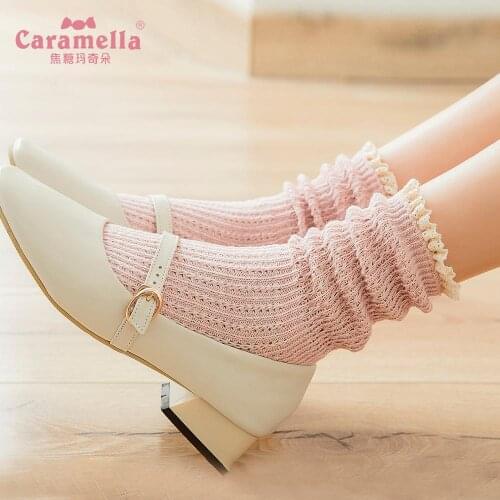 Caramella New Arrival Winter Autumn Women Cotton Socks Pink Black Cute Lace Socks Short Socks Casual Knit Wool Girl Socks 35-40