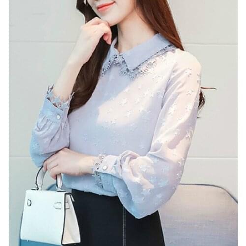 Novo 2019 Moda Feminina Blusas de Chiffon Turn-down Collar Casual Mulheres Tops Manga Comprida Bordado Roupas