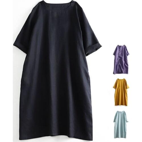 Solid linen dress loose and slim A-shaped 5-point middle sleeve cotton and linen dress 2020-05