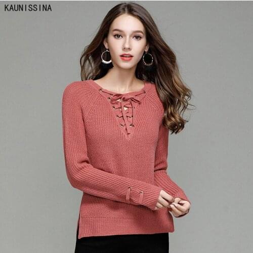Autumn Sweater Pullovers Women Lace-up Sweaters Long Sleeve Bandage Knitted Pullover Loose Casual Long Jumpers Female Knitwear