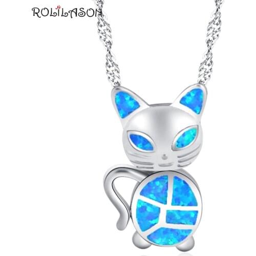 ROLLASON cute kitten shape silver color stamped blue fire opal pendant necklace fashion party gift OP839