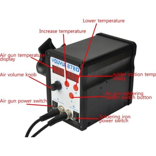 YOUYUE 878D 2 in 1 Soldering Station Lead Free Hot Heat Gun 220V/110V Soldering Iron SMD Rework Station