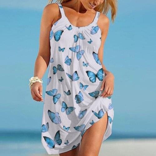 Women Tropical Butterfly Print Halter Backless Knee-Length Dress Sexy Sleeveless Beach Sundress Summer Holiday Dress Vestidos