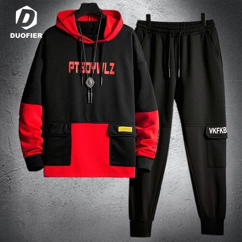 Casual Tracksuit Autumn 2021 Mens Sets Hooded Sweatshirt Outfit Sportswear Male Patckwork Hoodie + Pants Jogging Sports Suit