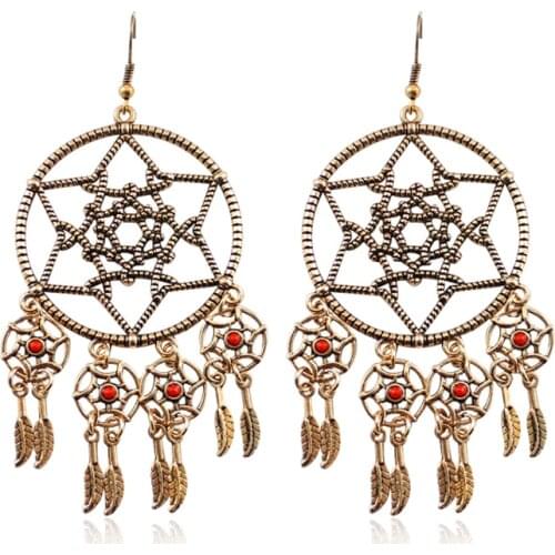 Exaggerated Dreamcatcher Round Pendant Earrings Alloy Leaf Fringe Retro Red Blue Stone Bead Earrings Women National Wind Jewelry