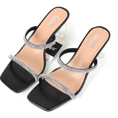 Hot Selling Sandals Women 2021 Fashion Luxury Crystals Thin Womens Shoes Slides Open Toe High Heels Strap With Rhinestone 6.5cm