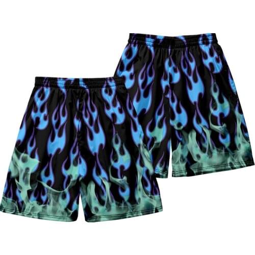 Summer Men Casual Blue Fire Print Shorts Fitness Exercise Beach Shorts Breathable Jogger Shorts