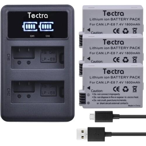 Tectra 3x LP-E8 LPE8 LP E8 Replacement Li-ion Camera Bateria + LED Display USB Dual Charger For Canon Rebel X4 X5 X6i X7 550D