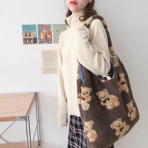 Women Plush Shoulder Bag Warm Cloth Fabric Handbag Soft Canvas Tote Large Capacity Shopping Bags Cute Bear Book Bags For Girls