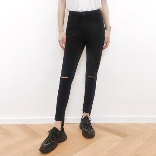 Women Jeans Pants European and American Black Jeans, Womens Small Feet with Holes, Nine-point Irregular Frayed Black Pants