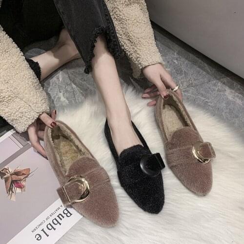 Autumn and Winter New Sneakers Female Wild Shallow Mouth Women Plus Velvet Warm Cotton Shoes with Pointed Flat Shoes W21-13