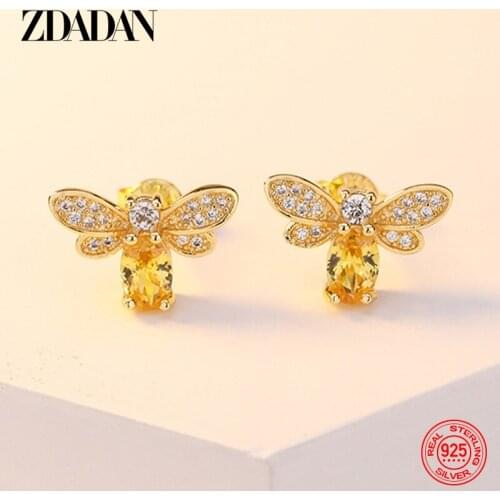 ZDADAN 925 Sterling Silver Earrings Bee Butterfly Heart CZ Zircon Small Earring For Women Simple Fashion Jewelry