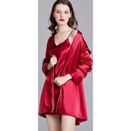 Red Two Pieces Silk Women Robe Bathrobe Long Sleeves Night Wear Wedding Bridesmaid Nightgown Ladies Dressing Gowns NW79