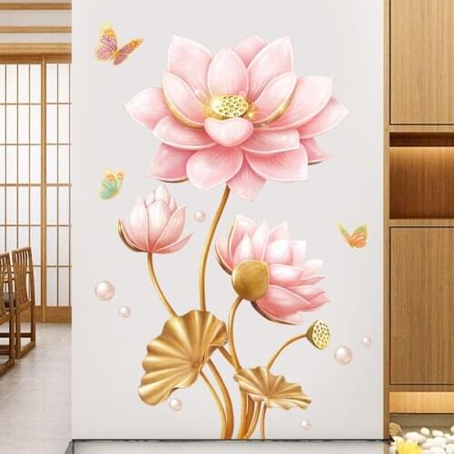 3D Lotus Flowers Wall Stickers Teenager Living Room Bedroom Bathroom Decoration Self-adhesive Wallpaper Art 2021 New Year Decor