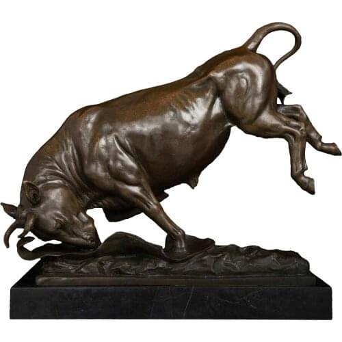 Bronze Spanish Bullfight Bull Sculpture Statue Copper Cattle Figurine With Marble Base For Office Decor