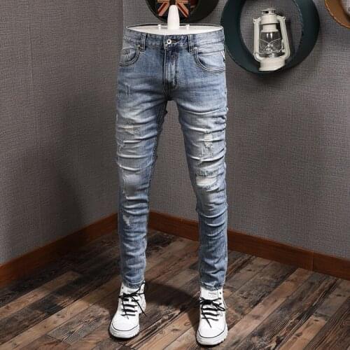 Brand 2021 Men Jeans Retro Light Blue Slim Fit Ripped Jeans Men Patchwork Elastic Pants Streetwear Vintage Designer Jeans