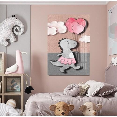 Graffiti Art Animal Canvas Painting Cute Pink Girl Dinosaur Poster Prints Wall Decor Picture Graphic Artwork For Kids Room Decor