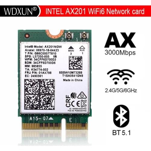 Intel Wi-Fi 6 AX201 Bluetooth 5.0 Dual Band 2.4G/5G Wireless NGFF Button E CNVi Wifi Card AX201NGW 2.4Ghz / 5Ghz 802.11ac / ax
