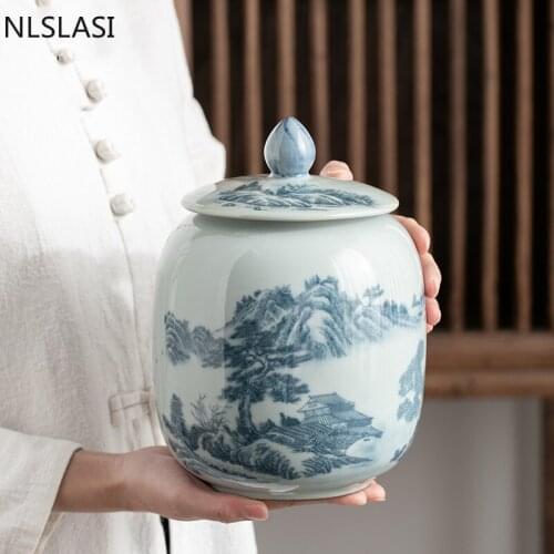 Large Capacity Ceramics Tea Caddy Landscape Pattern Portable Sealed Jar Tieguanyin Containers Travel Tea Boxes Storage Tank