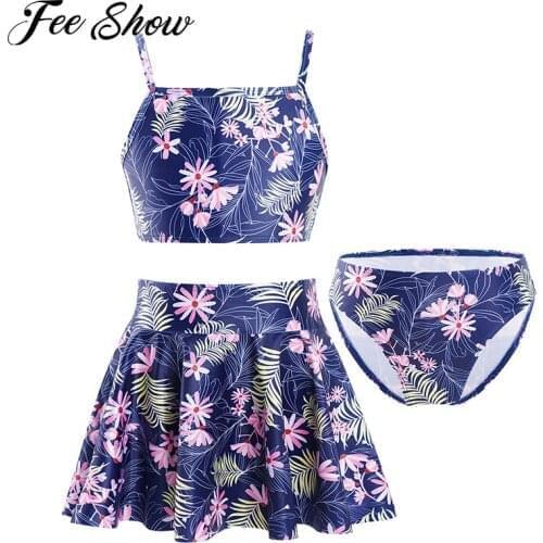 3Pcs Kids Girls Swimming Suits Summer Swimsuit Floral Print Crop Tops with Briefs and Skirt Set Beach wear Swimming Bathing Suit