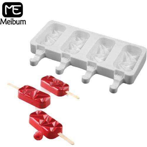 Meibum 4 Cavity Ice Cream Mold DIY Silicone Popsicle Mould with Sticks Freezer Juice Ice Pop Maker Cube Tray Child Dessert Tools