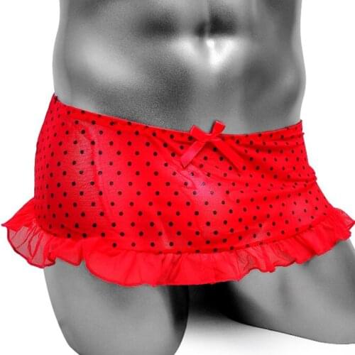 Mens Sexy Lingerie Soft Sissy Skirt Panties Gay Underwear Mesh See through Polka Dots Ruffles Underwear Skirted Panties