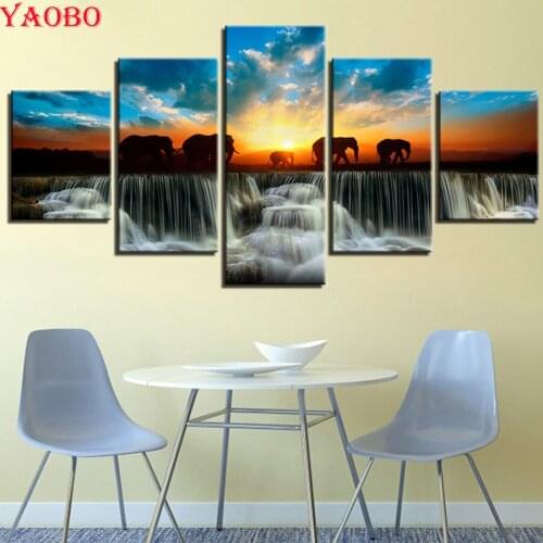 Diy diamond paintings 5pcs set waterfall Elephant Animal Paintings Wall Decoration square/round Drill mosaic diamond embroidery