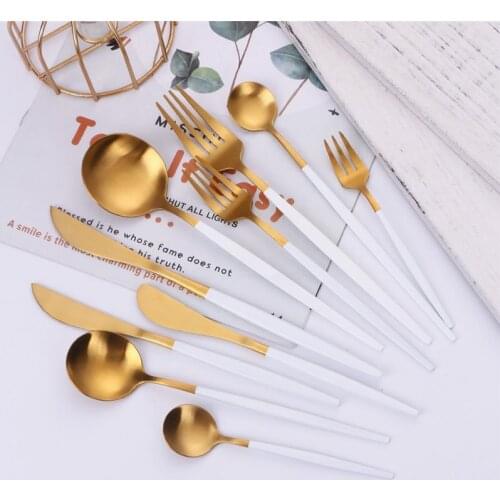 White Golden Cutlery Set Stainless Steel Chopsticks Complete Knifes Spoons Forks Cutlery Matte Dinnerware Set Kitchen Tableware