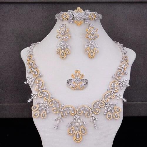 Blachette New Elegant Shiny Flower Trendy Necklace Bangle Earrings Ring Luxury Nigerian Dubai Jewelry For Wedding Bridal Jewelry