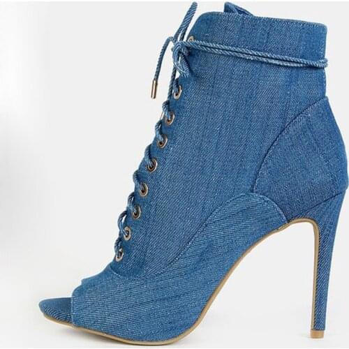 Sexy Ladies Gladiator Denim Lace Up Ankle Boots Peep toe Bottines Stiletto High Heel Women Fall Cowboy Cloth Boots Shoes Woman