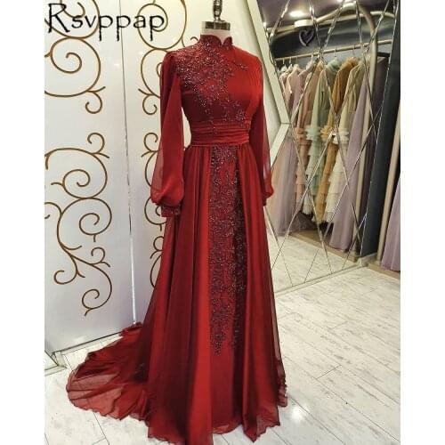 Dubai Muslim Women Party Formal Gowns Beaded Appliques High Neck With Long Sleeves Chiffon A-line Burgundy Evening Dresses 2021