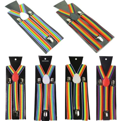 Men Women Wide Adjustable Straps Y-Back Suspenders Rainbow Colorful Vertical Striped Elastic Belt with Metal Clips