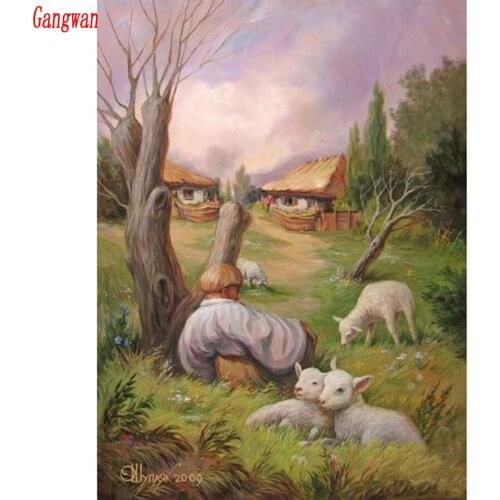 Full Diamond 5D DIY Diamond Painting Tree man Embroidery village sheep view Cross Stitch Rhinestone Mosaic Painting Home Decor