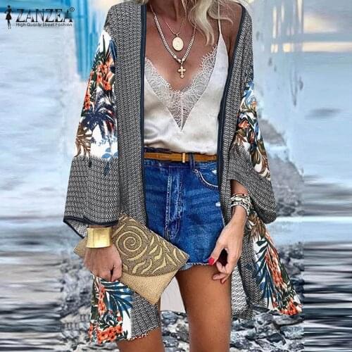 Casual Flare Sleeve Kimono Women Bohemian Cardigan Autumn ZANZEA Floral Printed Cover Up Long Blouse Holiday Ethnic Tank Tops