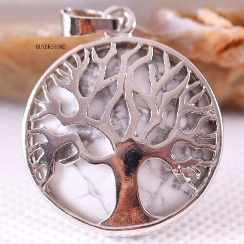 Silver Color Tree of life Round Necklace Pendant 25MM Natural Stone White Howlite 1Pcs K422