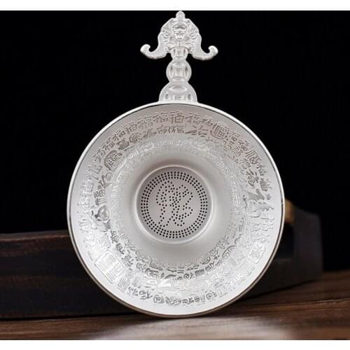 Heart Sutra Hundred Bless Style Sterling Silver 999 Tea Mesh Leak Handle Infuser Net Filter Hole Water Separator Kungfu Teaset